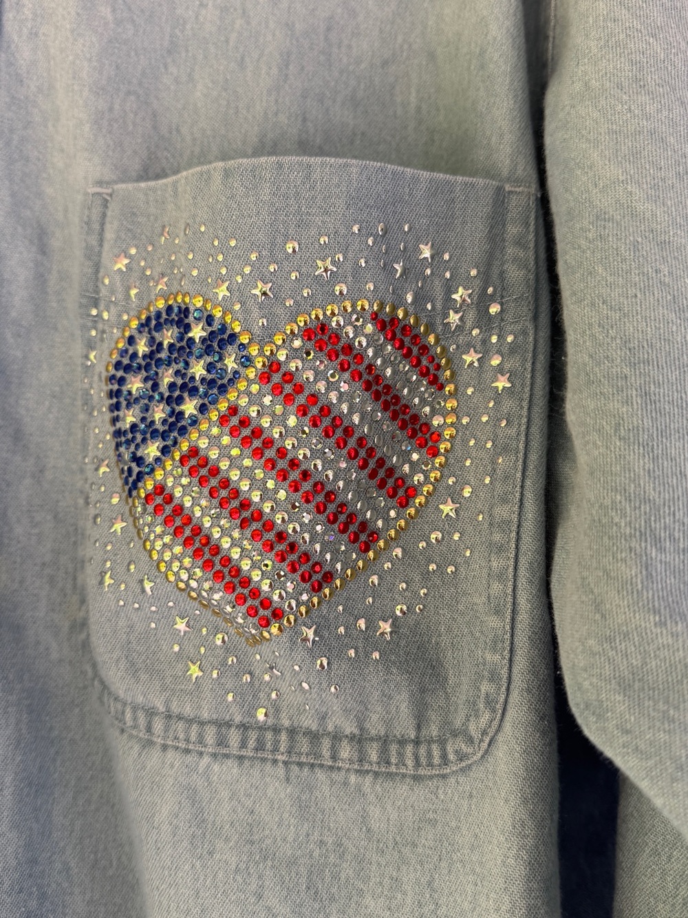Denim Button-Up Shirt with American Flag Heart Pocket - Picture 2 of 5